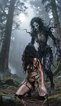 Nude Brunette Kneeling Submissively Before Forest Skeletal Monster