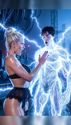 Blonde in Black Lingerie Dominated by Electric Energy Being
