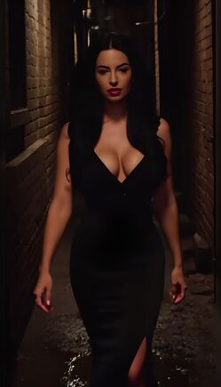 Sultry Brunette Walking Seductively in Tight Black Dress in Dark Alley