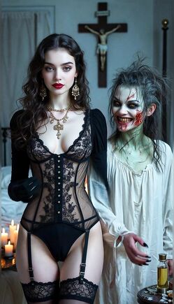 Seductive Brunette in Black Corset Posing with Scary Zombie Girl