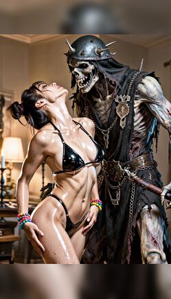 Athletic Asian Girl in Black Bikini Posing with Skeletal Horror Monster