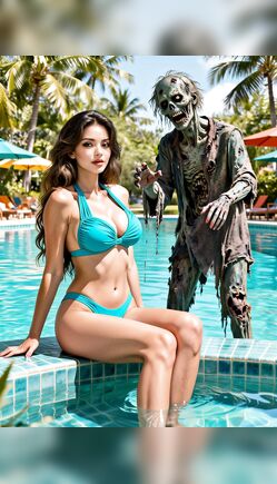 Tropical Poolside Beauty Meets Unexpected Zombie Encounter