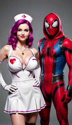 Busty Purple Hair Nurse Posing with Spider-Man