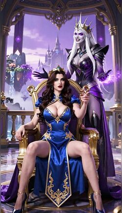 Busty Queen in Blue Dress Sitting on Throne with Sorceress