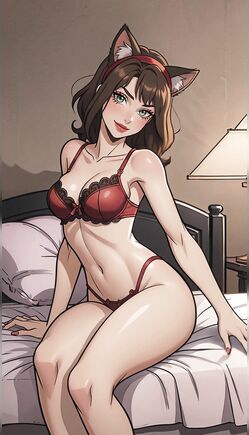 Seductive Catgirl Posing on Bedroom Bed