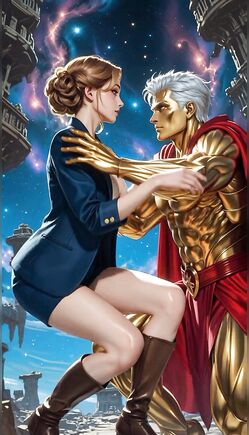 Passionate Embrace with Golden Armored Alien Warrior