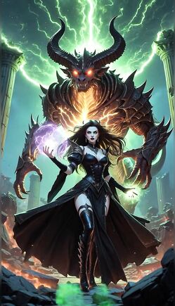 Dark Sorceress Channeling Magic with Demonic Beast