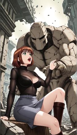 Brunette Woman Posing with Giant Stone Golem