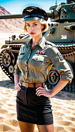 Blonde Officer Posing in Desert with Military Tank