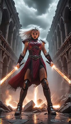 Blonde Warrior Woman with Dual Energy Swords
