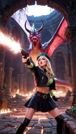 Blonde Girl Shooting Pistol at Fire Dragon