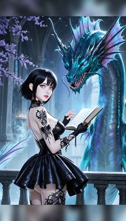 Black Hair Girl Reading Book with Blue Dragon