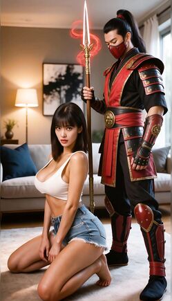 Asian Woman Kneeling with Samurai Warrior in Living Room