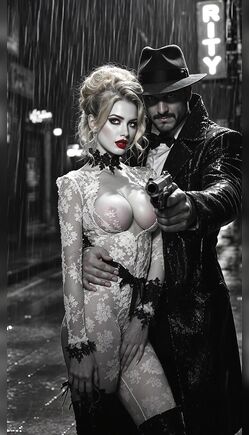 Noir Seduction in Rainy Streets with Armed Stranger