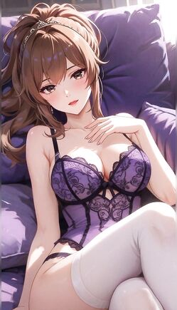 Seductive Brunette in Purple Lace Lingerie on Bed