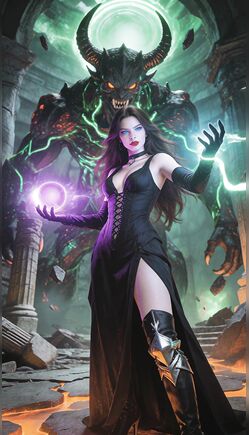 Dark Sorceress Casting Magic with Demonic Monster