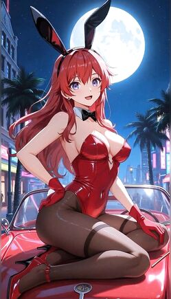 Sexy Redhead Bunny Girl Posing on Red Sports Car