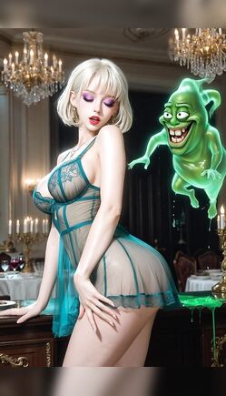 Playful Ghost Teases Elegant Blonde in Luxurious Dining Hall