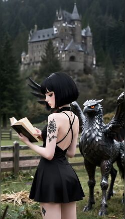 Gothic Girl Reading Spellbook Beside Mythical Griffin Creature