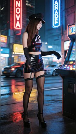 Sexy Policewoman Posing in Neon Cyberpunk City