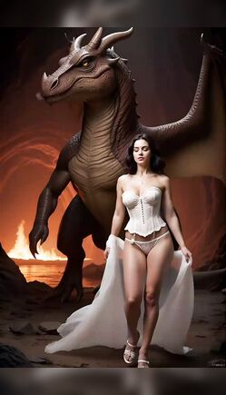 Beautiful Woman in White Lingerie Standing With Majestic Fire Dragon