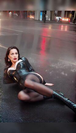 Elegant Woman in Leather Outfit Struts Through City Streets