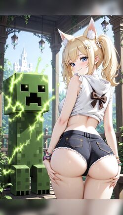 Playful Catgirl Teases While Creeper Watches Nearby