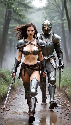 Warrior Duo Marches Through Forest in Epic Fantasy Scene