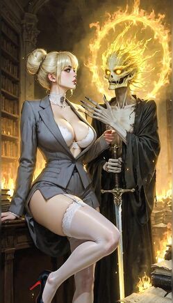 Elegant Woman Confronts Mysterious Skull Entity in Library