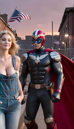 Beautiful Blonde Woman with Peacemaker Hero in Urban Alleyway