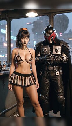 Cyberpunk Bar Encounter with Armored Enforcer and Neon City