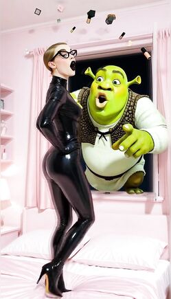 Playful Cosplay Scene with Latex Outfit and Shrek Character