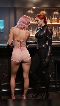 Intimate Bar Encounter with Black Widow and Stylish Companion