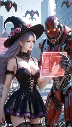Cyberpunk Witch Casting Magic with Armored Futuristic Soldier