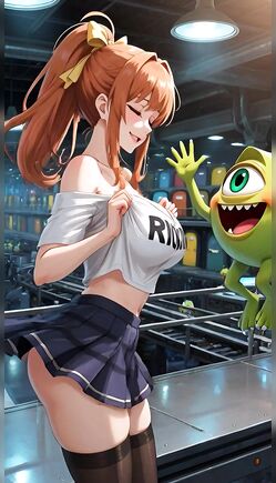 Playful Anime Scene with Schoolgirl Style and Mike Wazowski