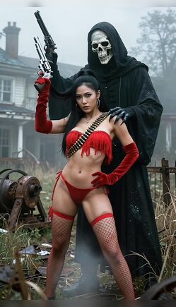 Dark Gothic Scene with Grim Reaper and Armed Femme