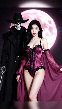 Moonlit Gothic Scene with Corset Beauty and Skeleton Figure