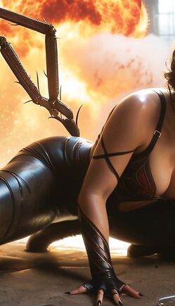 Spider-Woman Warrior Crawling Through Explosive Battlefield Scene