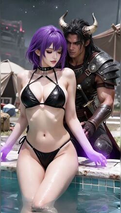 Magical Purple Sorceress and Her Horned Demon Guardian Poolside