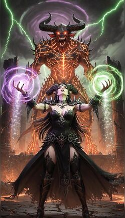 Dark Sorceress Summons Ancient Fire Demon Amidst Arcane Lightning