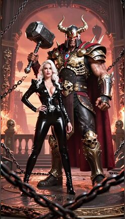 Silver Haired Beauty and Giant Armored Warrior In Hellish Fortress