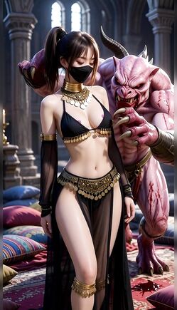 Masked Dancer Tempts Beast in Dark Fantasy Chamber