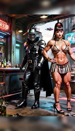 Cyberpunk Warrior Beauty Shows Strength in Neon Bar