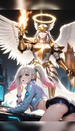 Divine Angel Stands Behind Playful Anime Girl