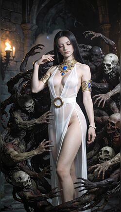 Ethereal Maiden in White Gown Amidst Undead Shadows