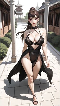 Elegant Anime Woman In Black Lace Dress At Temple