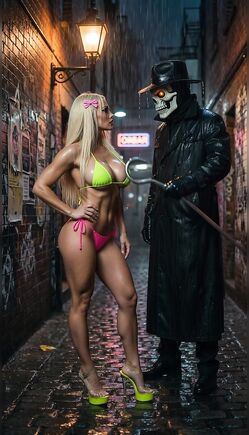 Neon Alley Encounter: The Blonde Bombshell and The Skeleton Stalker