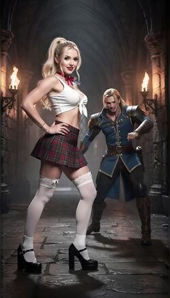 Blonde Schoolgirl Poses for Vampire Hunter in Gothic Castle
