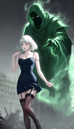 Ethereal Beauty Shadowed by Mysterious Green Ghost in Ruins