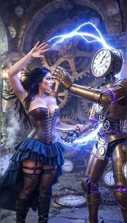 Steampunk Brunette Conjures Magical Energy in Clockwork Chamber